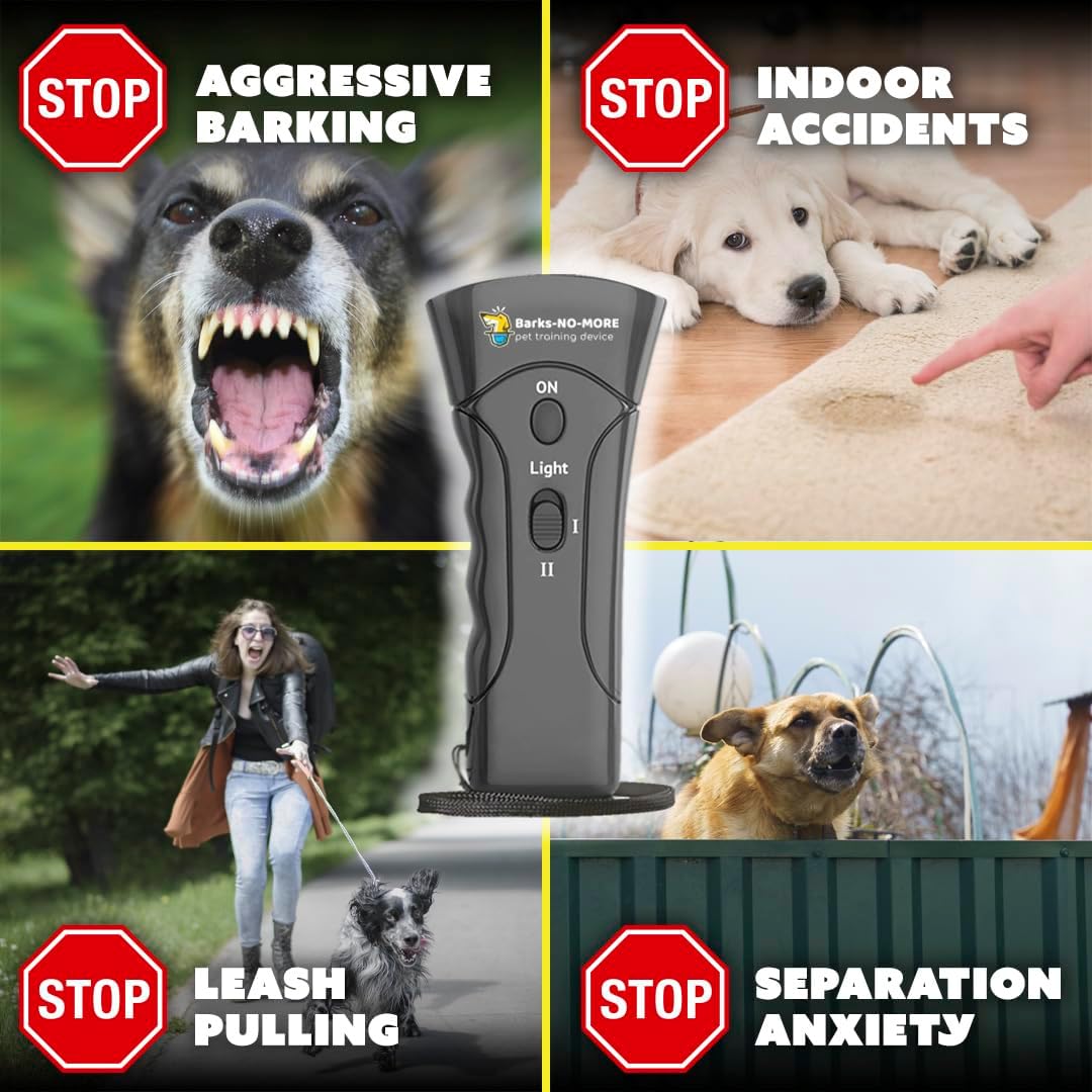 Barks No More dog training tool showing LED flashlight feature