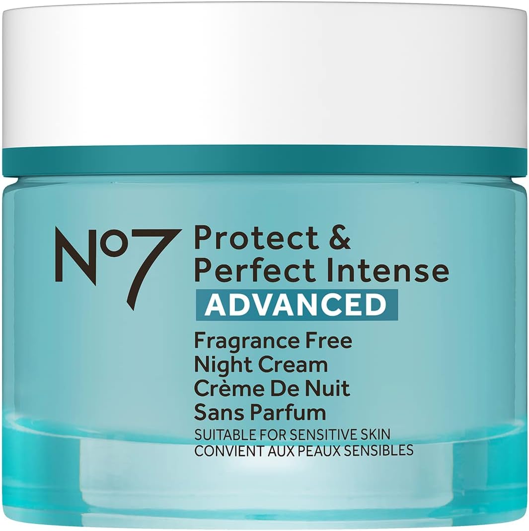 No7 Protect and Perfect Intense Advanced Night Cream fragrance free front view jar on premium background