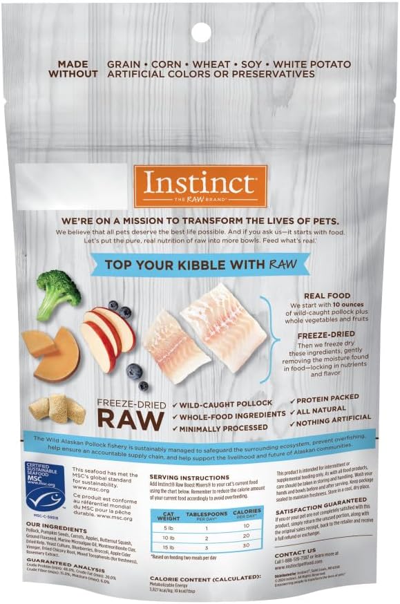 Instinct freeze dried raw grain free cat food topper bag close up.