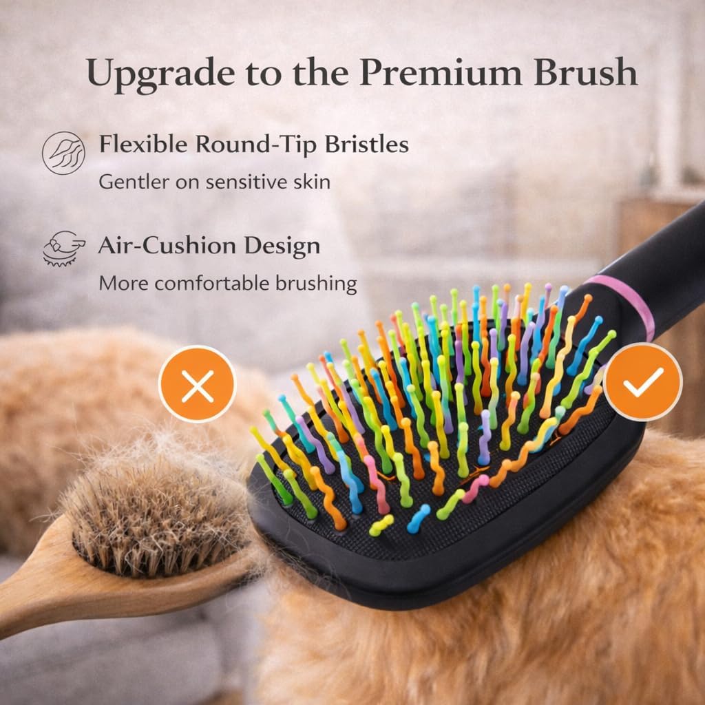 Adkoat water resistant pet brush being rinsed under water for easy hair removal cleanup.