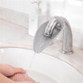 Calsgkspray faucet extender for toddlers front view showing grey silicone leaf design attached to a bathroom tap