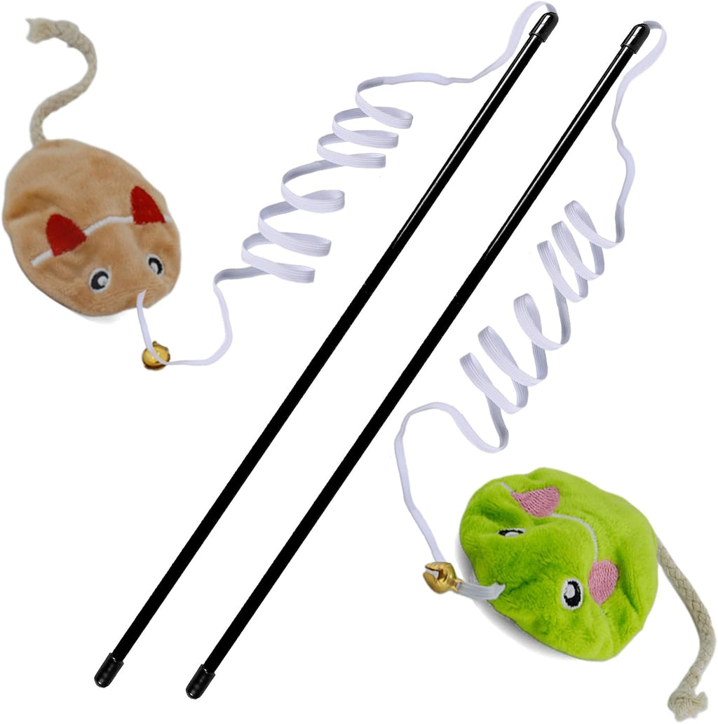 URMYONLY interactive cat toy wand front view showing two plush mouse attachments and rainbow string.