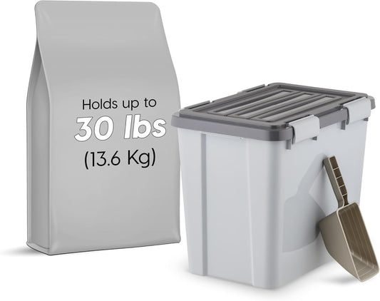 IRIS USA Stackable Dog Food Storage Container with 2 Cup Scoop, 4 Secure Latches, Fits up to 30 lbs, Pet Dry Food Bin, Gasket Seal Lid, BPA Free, Stackable, Easy Measure, Gray/Dark Gray - Image 2