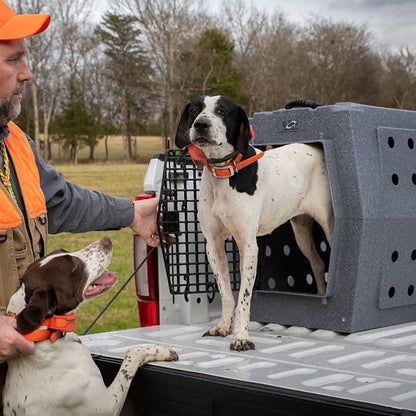 Ruff Land heavy duty impact resistant travel crate showing stackable design and raised floor.