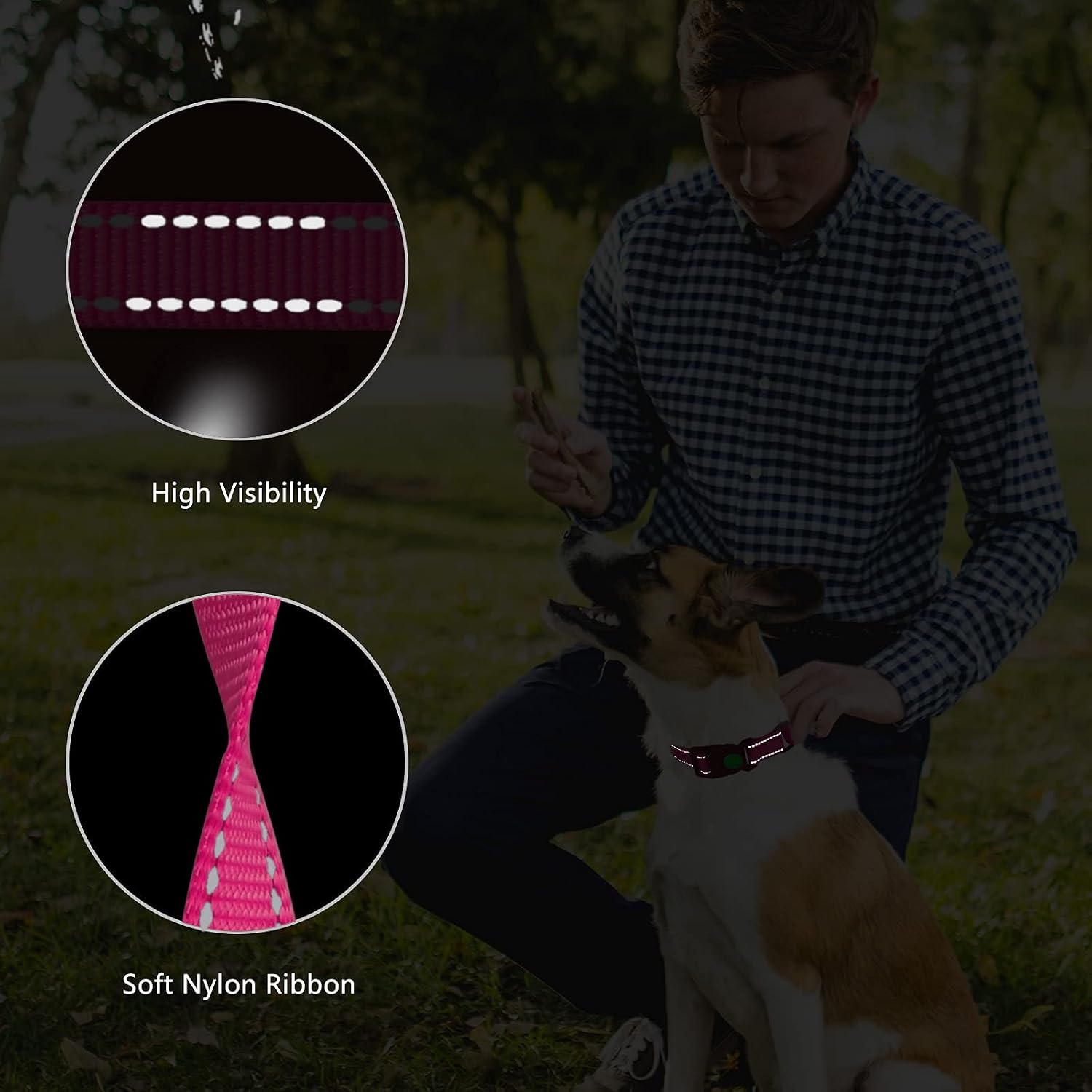 Premium pink reflective dog collar showing high visibility nighttime stitching