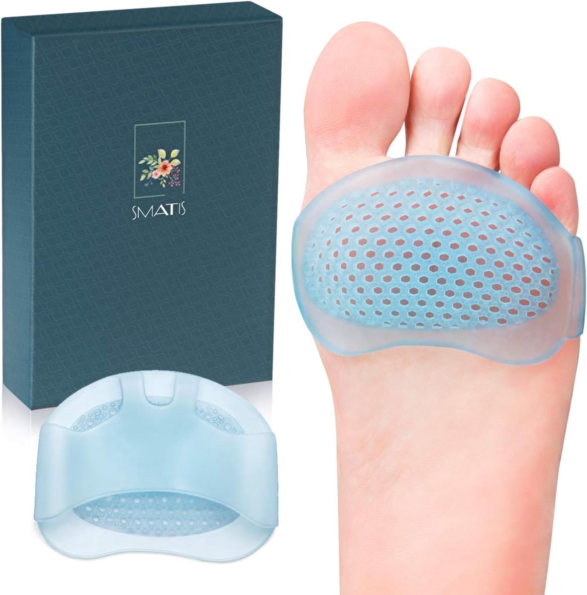 SMATIS Ball of Foot Cushions front view showing blue medical grade silicone gel.