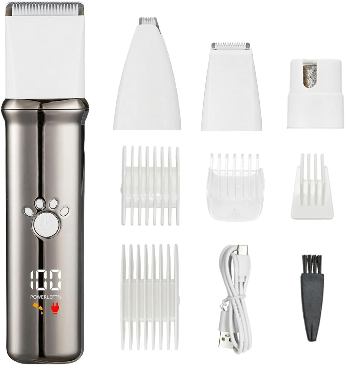 Rechargeable pet hair trimmer with multiple guide combs and USB charging accessories