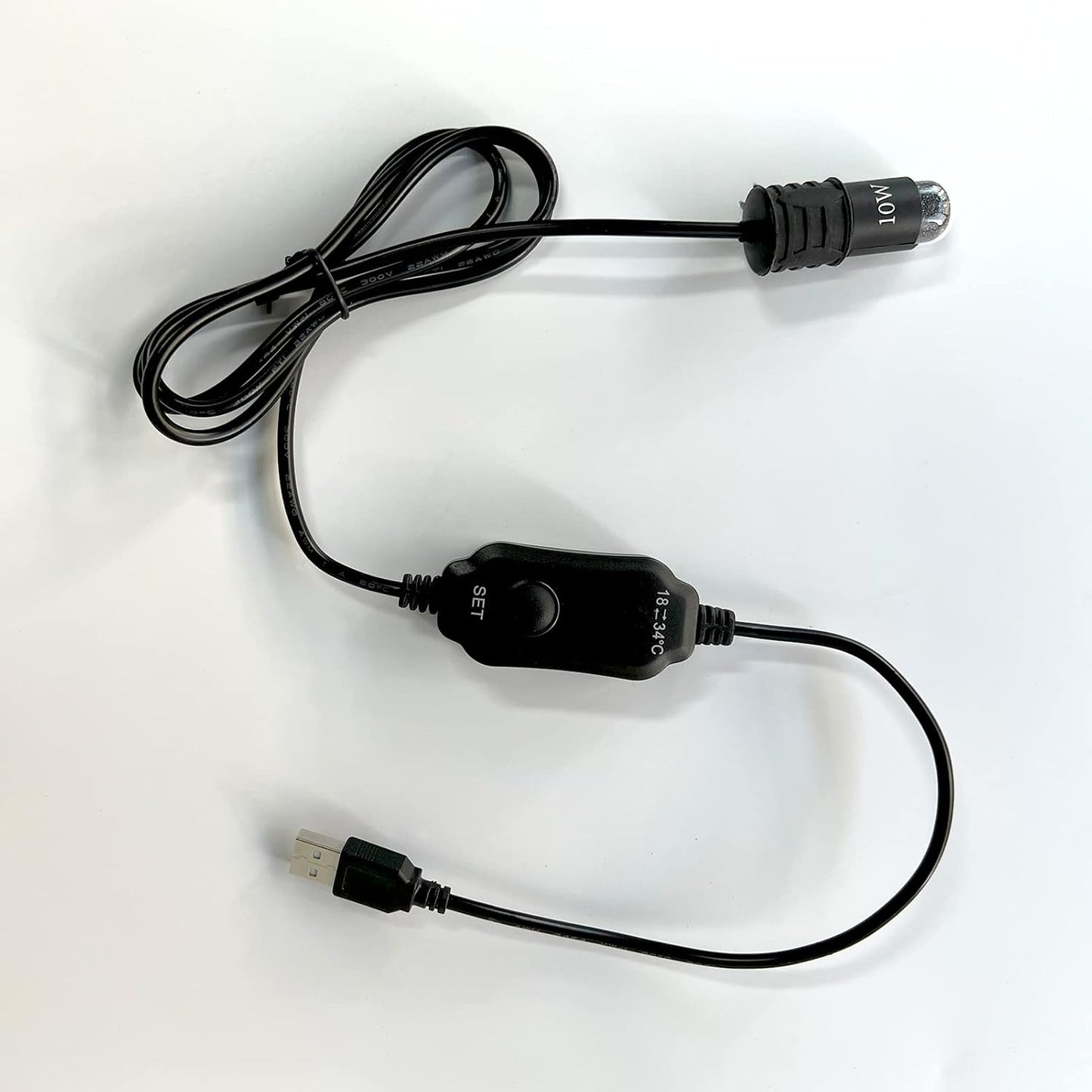 Compact 10W USB fish tank heater showing waterproof submersible design