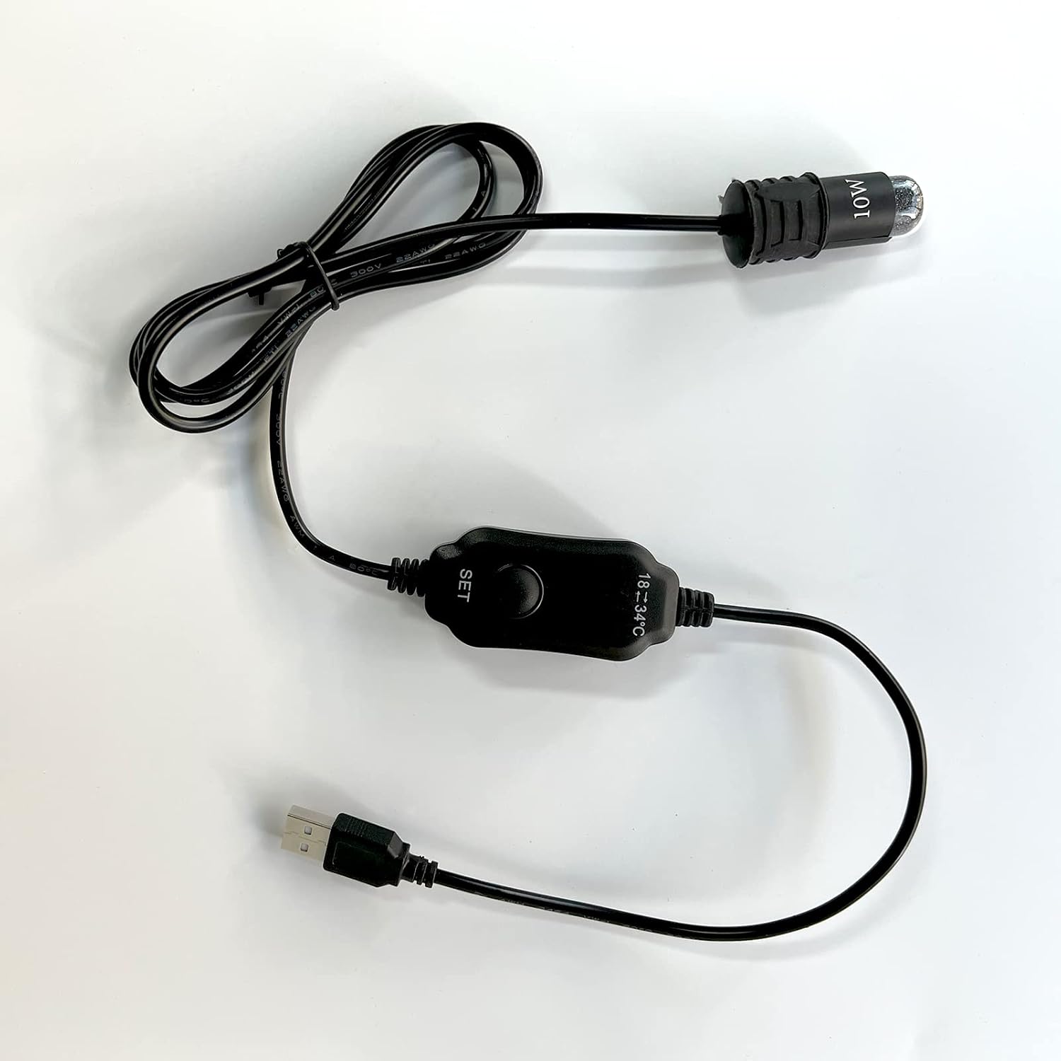 Compact 10W USB fish tank heater showing waterproof submersible design
