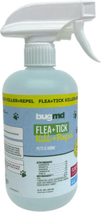 BugMD plant based flea treatment bottle details and application instructions