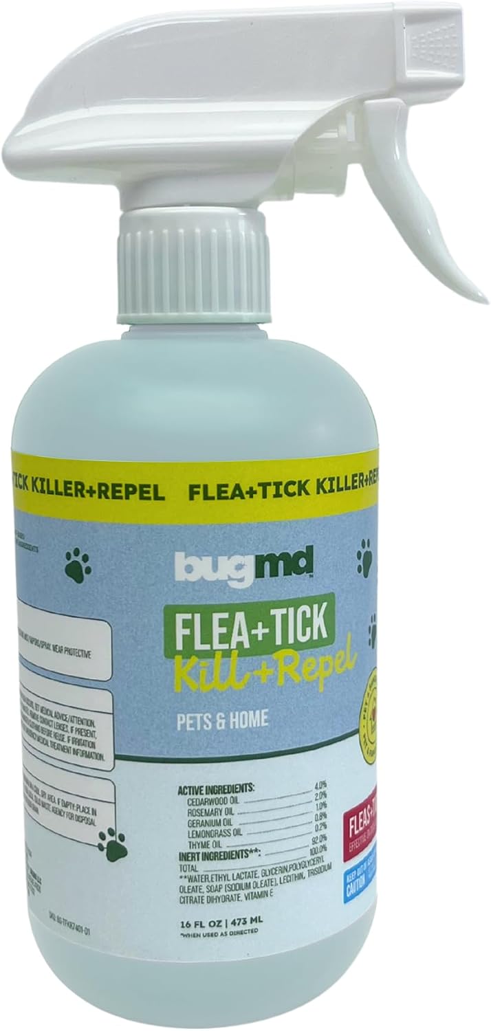 BugMD plant based flea treatment bottle details and application instructions
