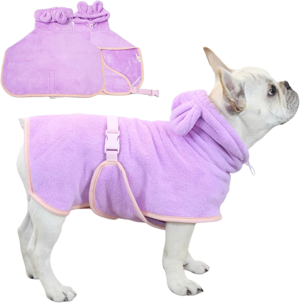 Side view of small dog wearing blue Fnaobai quick dry robe