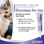 Back of Zymox topical cream packaging displaying ingredient list and directions