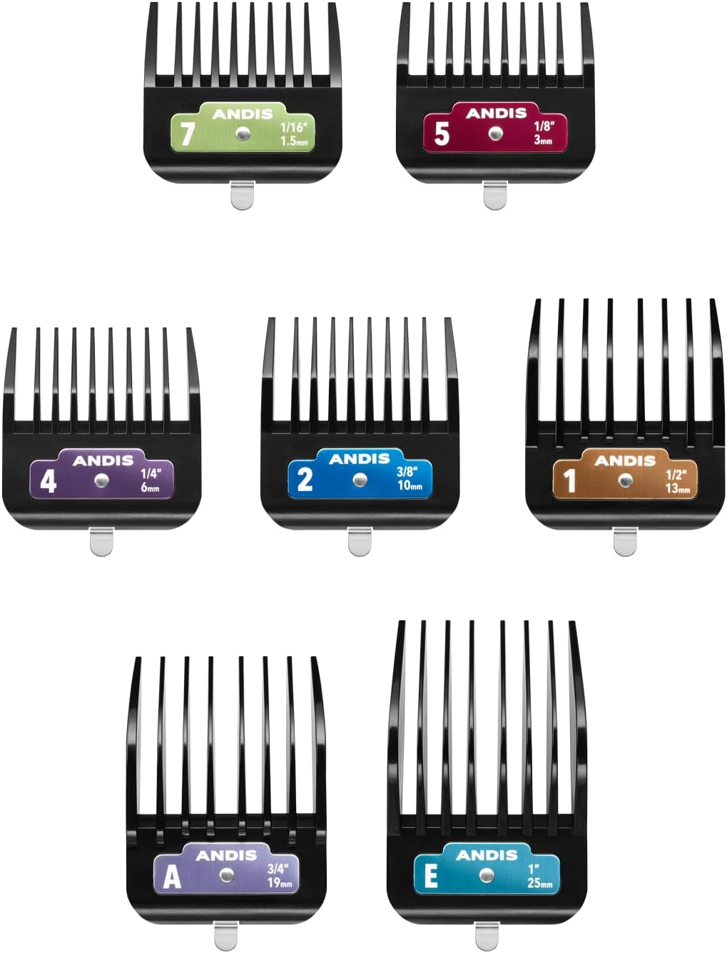 Close up of Andis color coded clipper guard combs