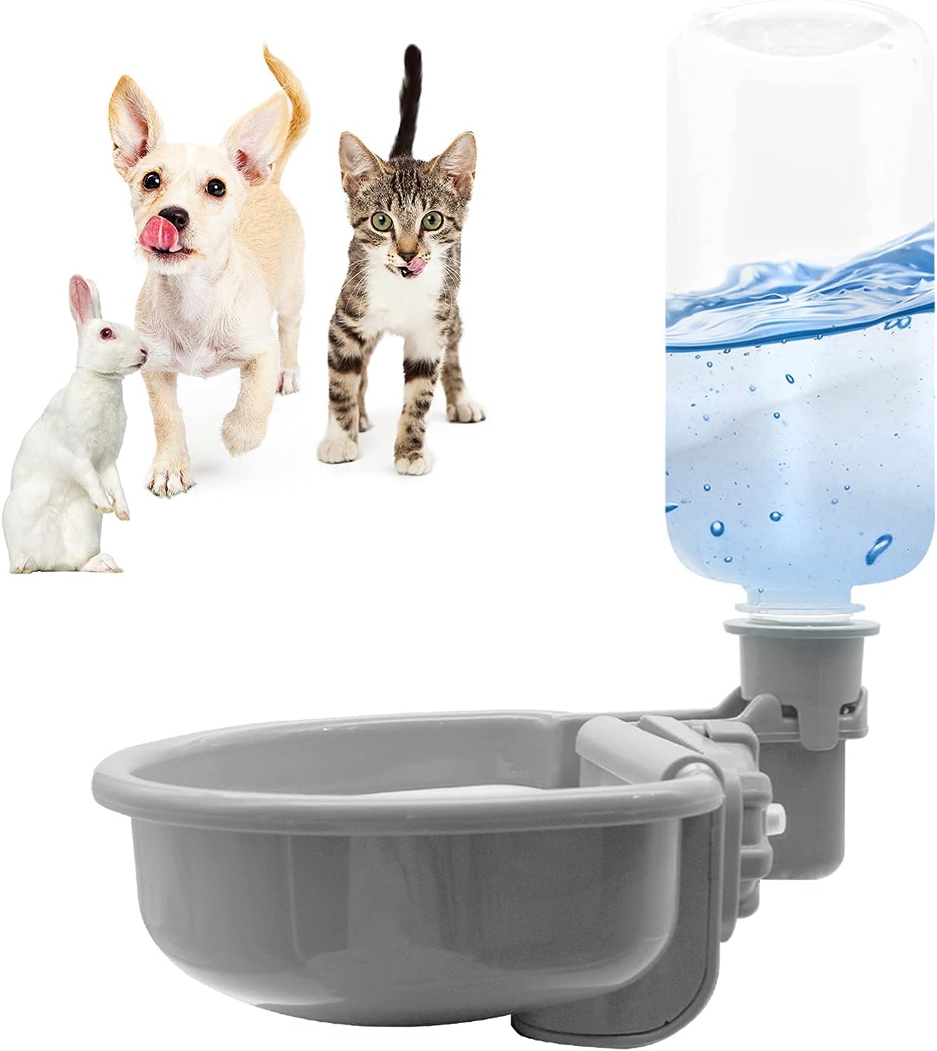 VANNON 16oz Pet Water Bottle, Gravity Dog Water Bowl Dispenser for Cage, Anti-Overflow Water Dispenser for Small Dogs, Cats, Rabbits and Other Small Animals, BPA Free, Grey - Image 1