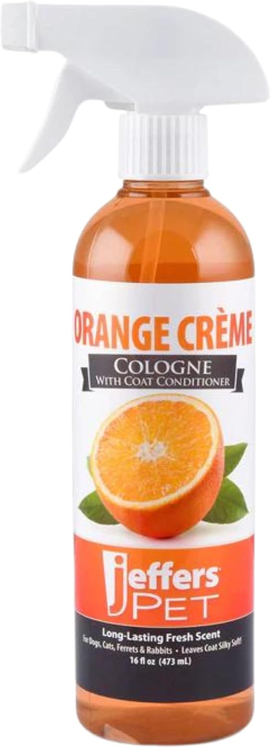 Soap and detergent free pet cologne spray bottle illustrating coat conditioning benefits.