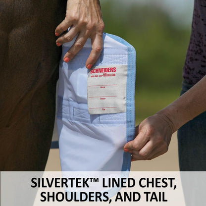 Schneiders premium imported horse turnout sheet displaying high-airflow fabric under bright sunlight.