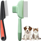 GOIOJ 2PCS Pet Comb Flea Comb Set front view showing the green self-cleaning slicker brush and metal flea brush.
