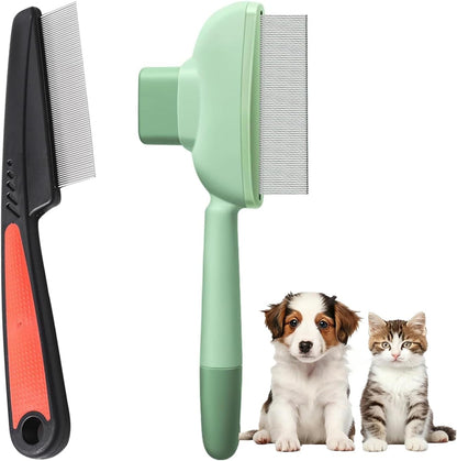 GOIOJ 2PCS Pet Comb Flea Comb Set front view showing the green self-cleaning slicker brush and metal flea brush.