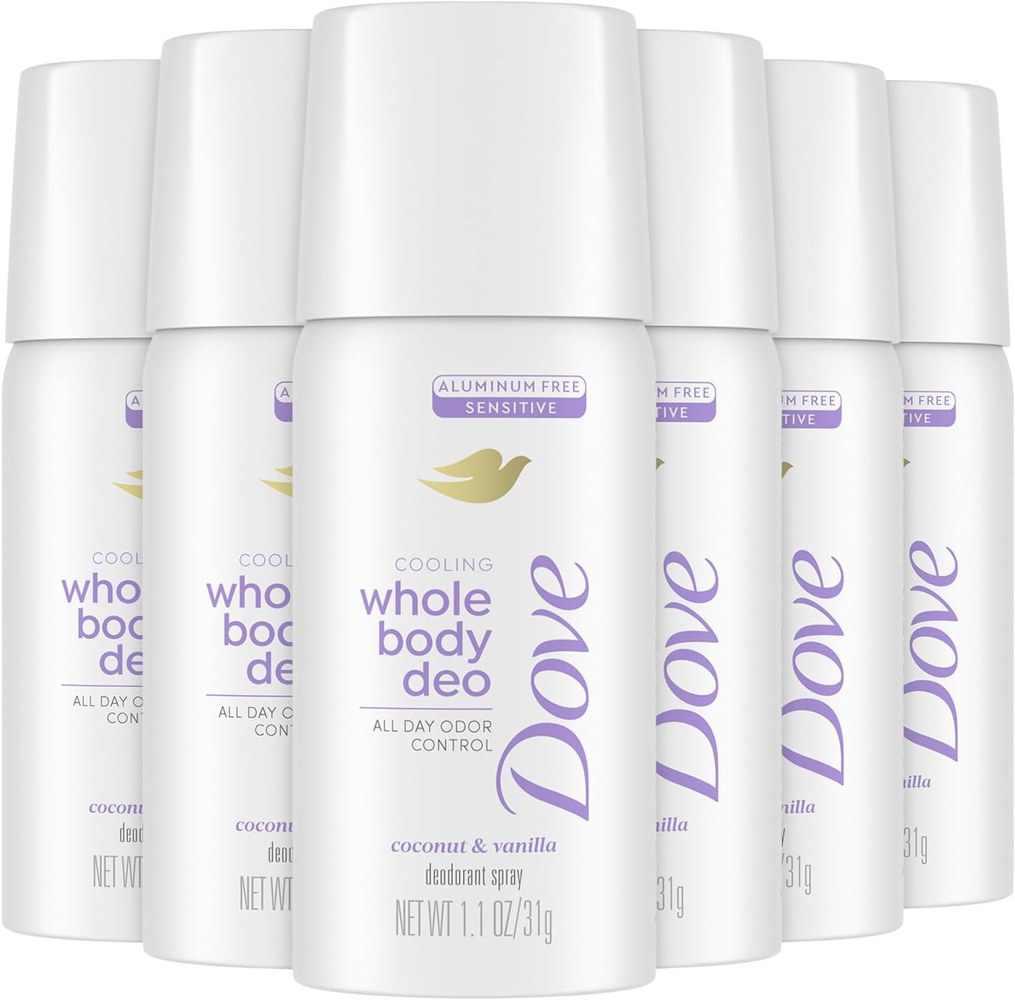 Dove Whole Body Deodorant Spray Coconut and Vanilla 6-Pack front view of travel bottles