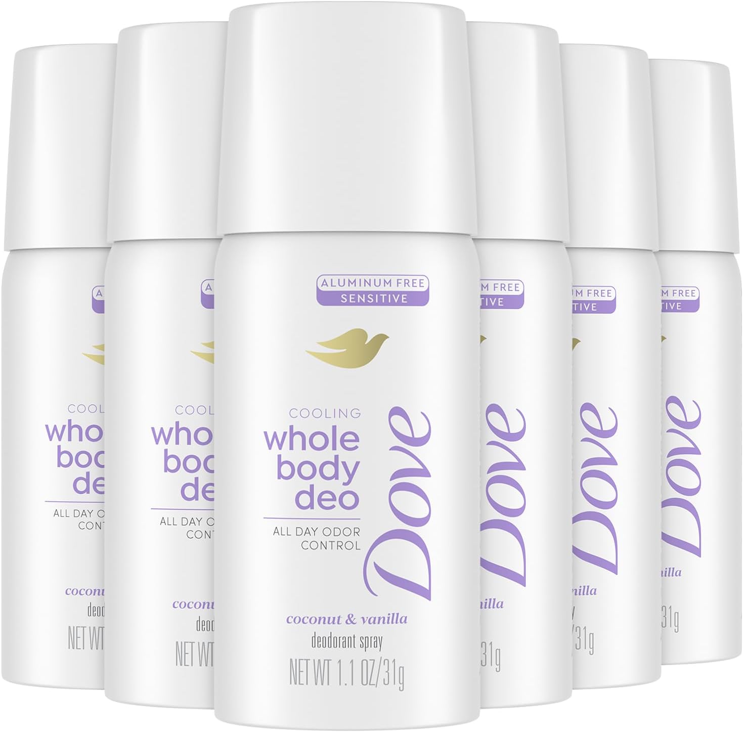 Dove Whole Body Deodorant Spray Coconut and Vanilla 6-Pack front view of travel bottles