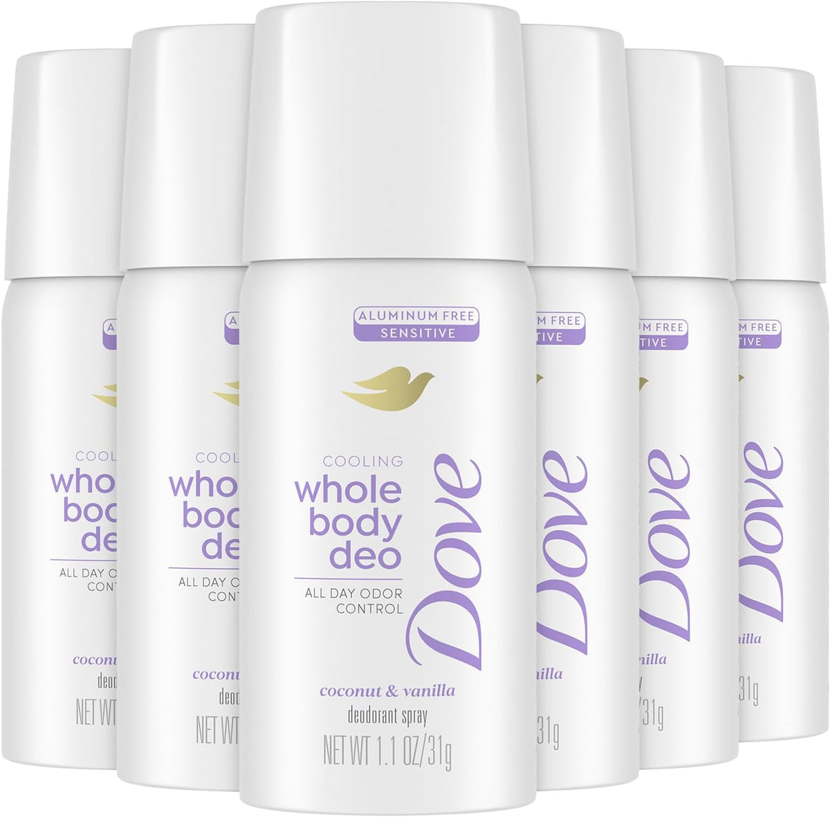Dove Whole Body Deodorant Spray Coconut and Vanilla 6-Pack front view of travel bottles