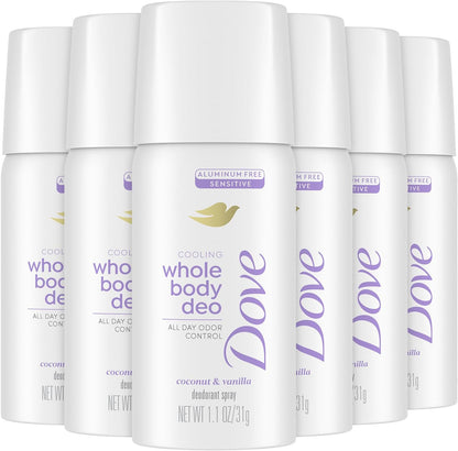 Dove Whole Body Deodorant Spray Coconut and Vanilla 6-Pack front view of travel bottles