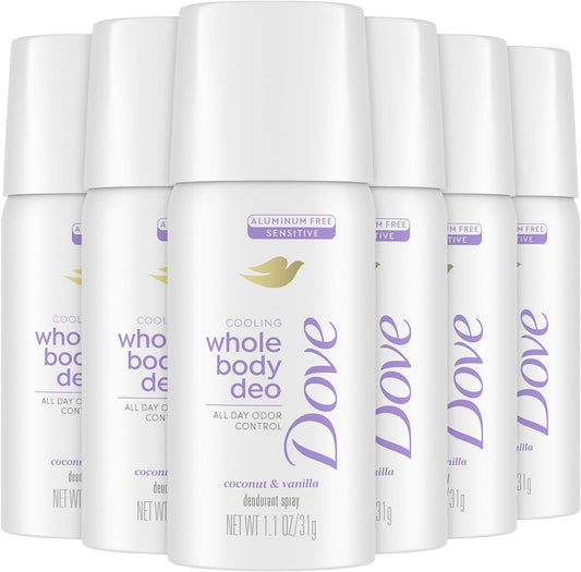 Dove Whole Body Deodorant Spray Coconut and Vanilla 6-Pack front view of travel bottles