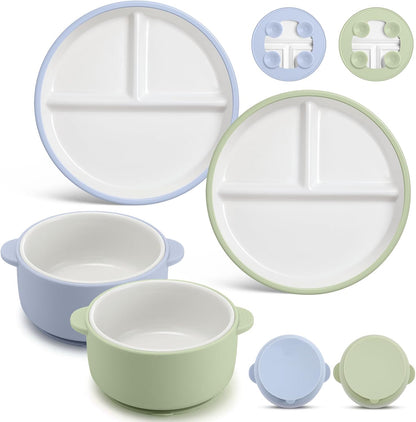 Domensi porcelain kids divided plate and bowl set front view
