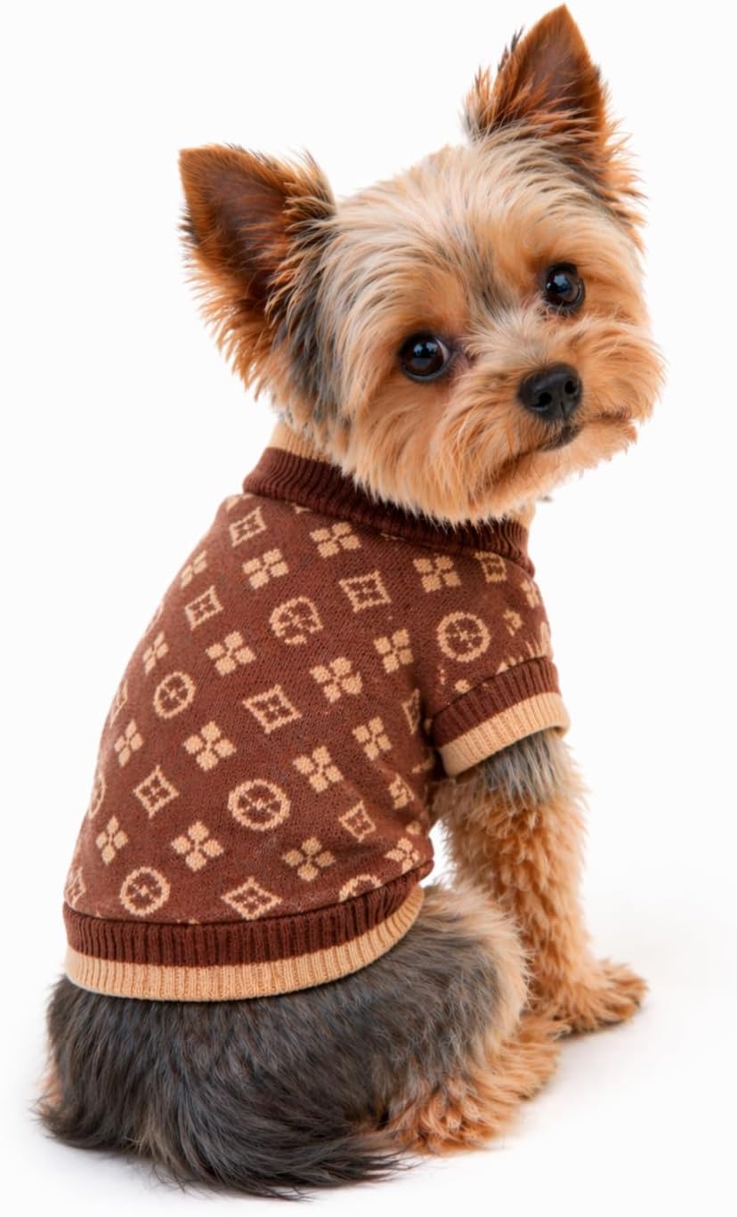 Chic brown and tan luxury dog pullover garment for small dog breeds