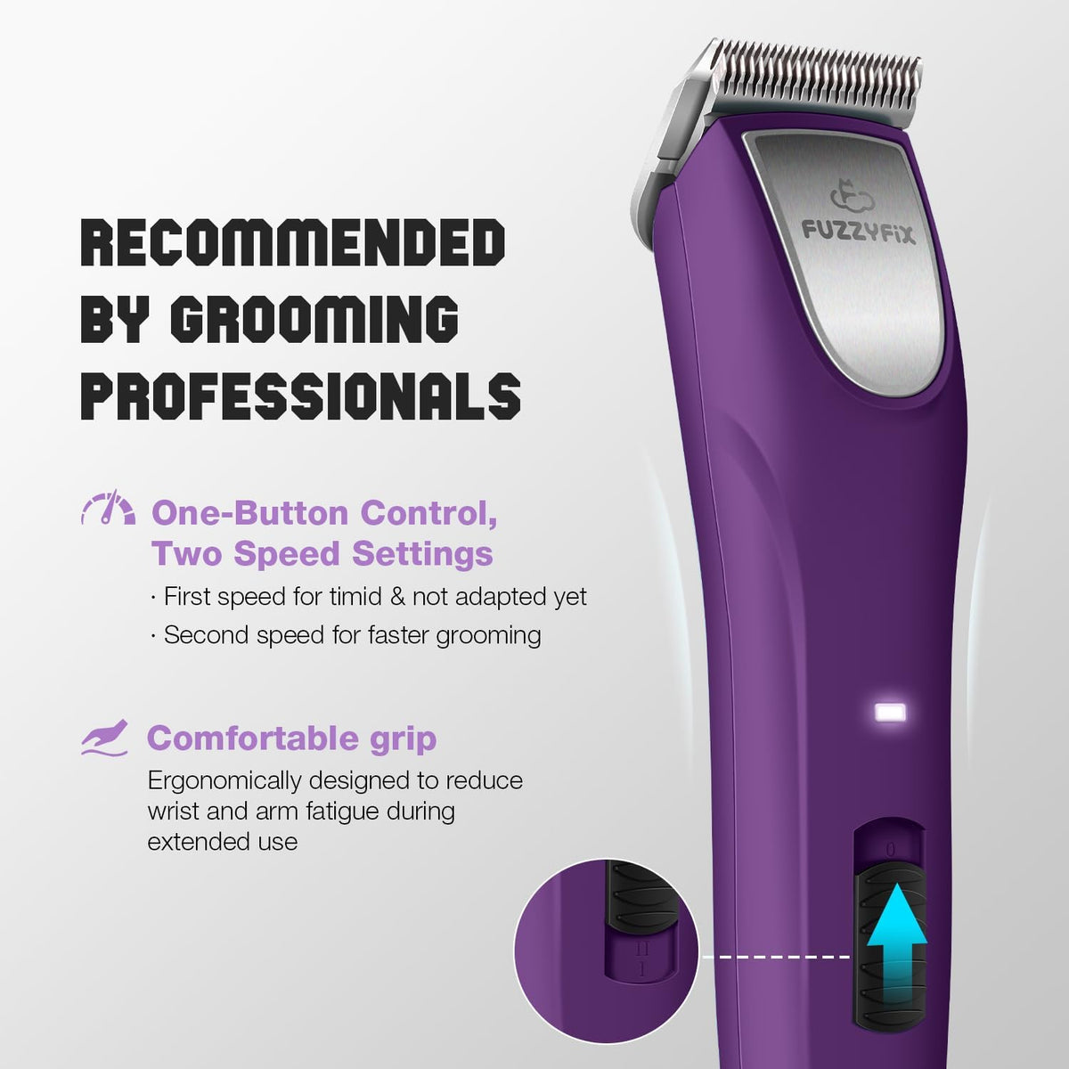 FuzzyFix two speed dog trimmer cutting through thick curly matted dog fur safely.