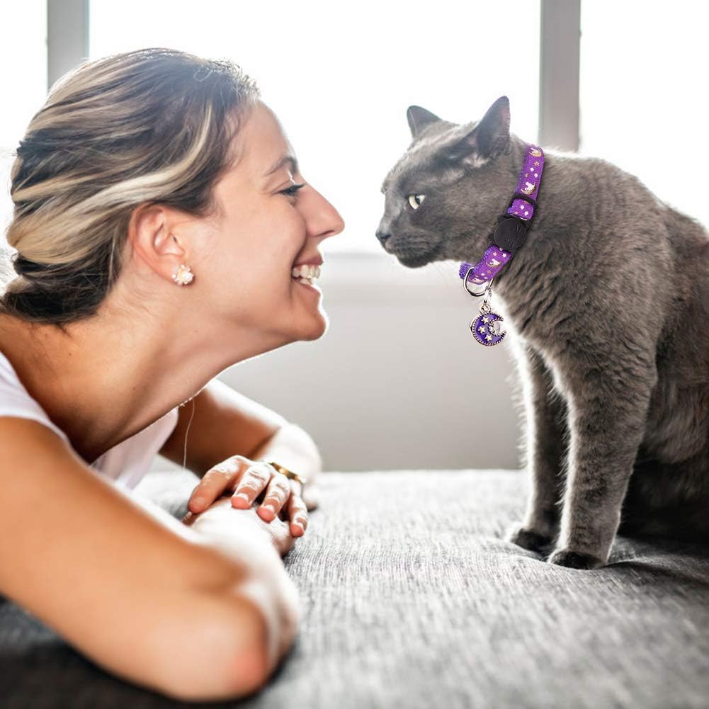 2Pcs Breakaway Cats Collars Cat Collars for Boy & Girl Cats Moons Adjustable Kitten Collars with Bell & Pendant Glow in The Dark,Purple+Black - Image 6