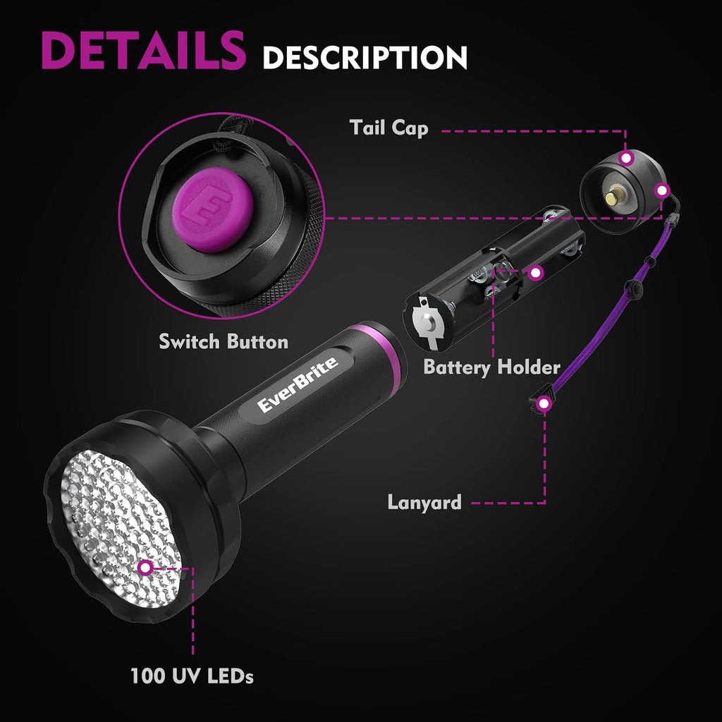 Close up of the non slip rugged handle and purple wrist strap on the EverBrite UV light.