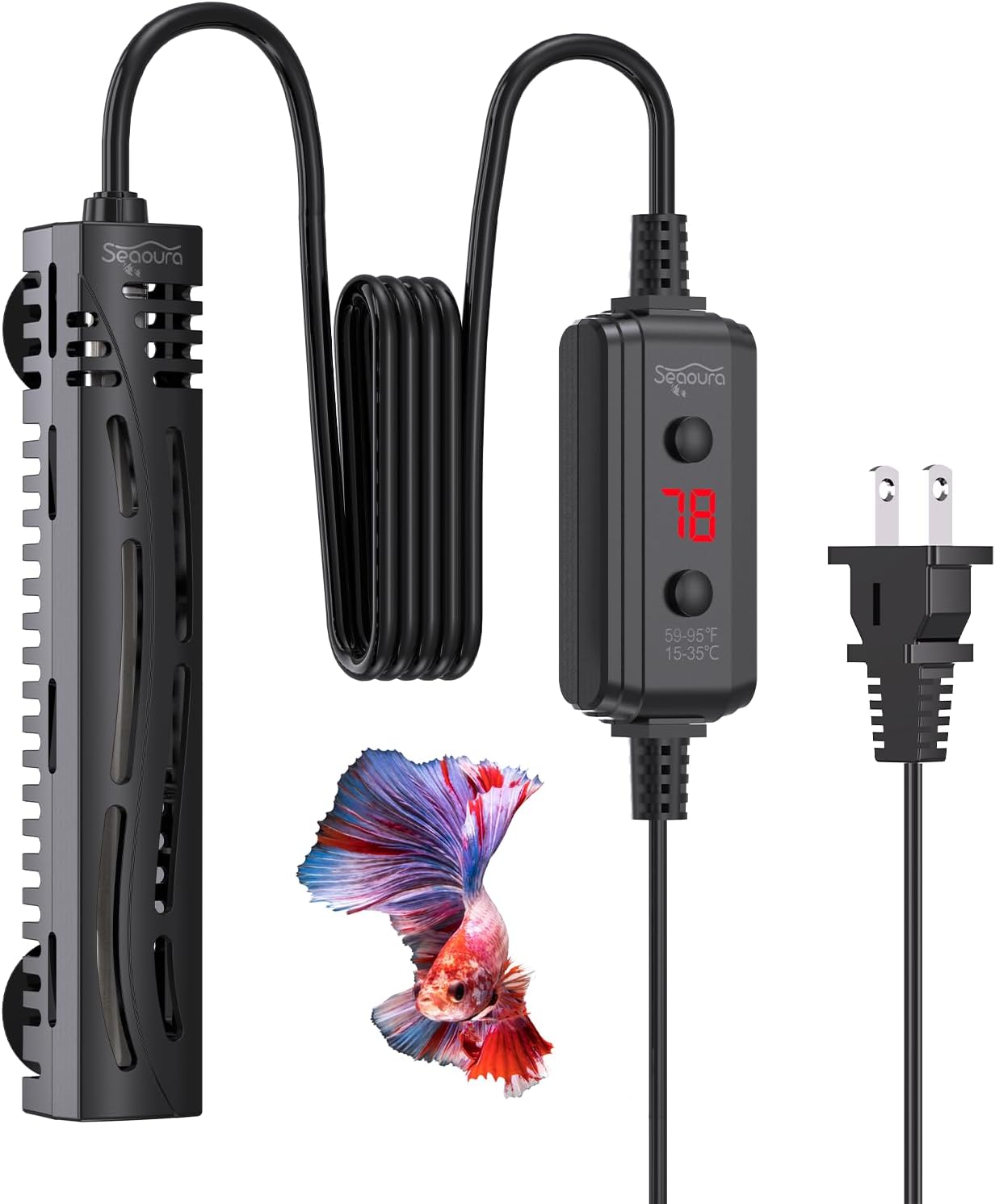 Seaoura 50W Mini Aquarium Heater with external digital controller front view