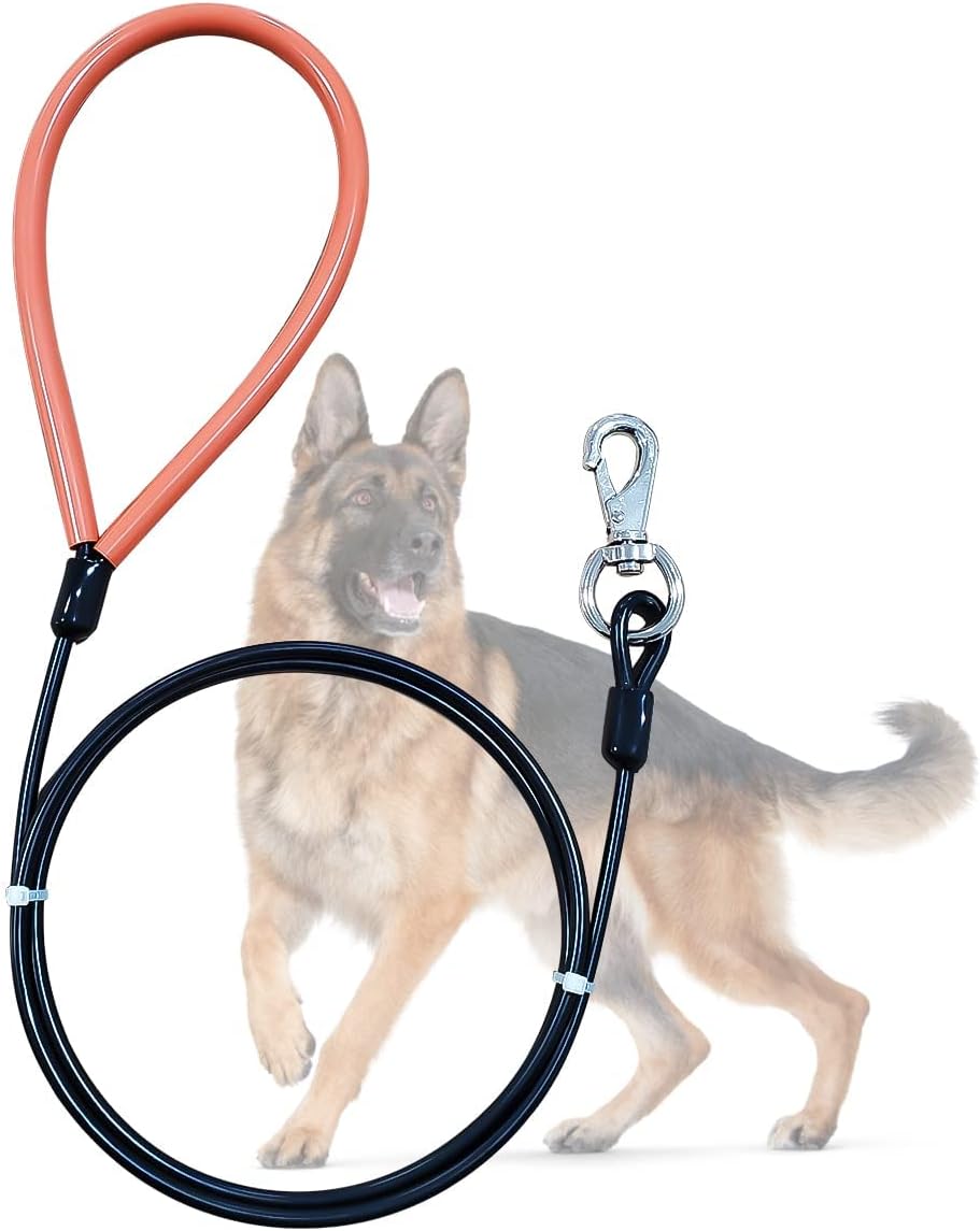 Mi Metty heavy duty dog leash front view showing the black wire rope and silicone handle.