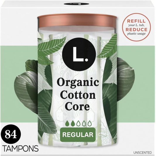L. Organic Cotton Tampons Regular Absorbency 84 count front view for feminine hygiene