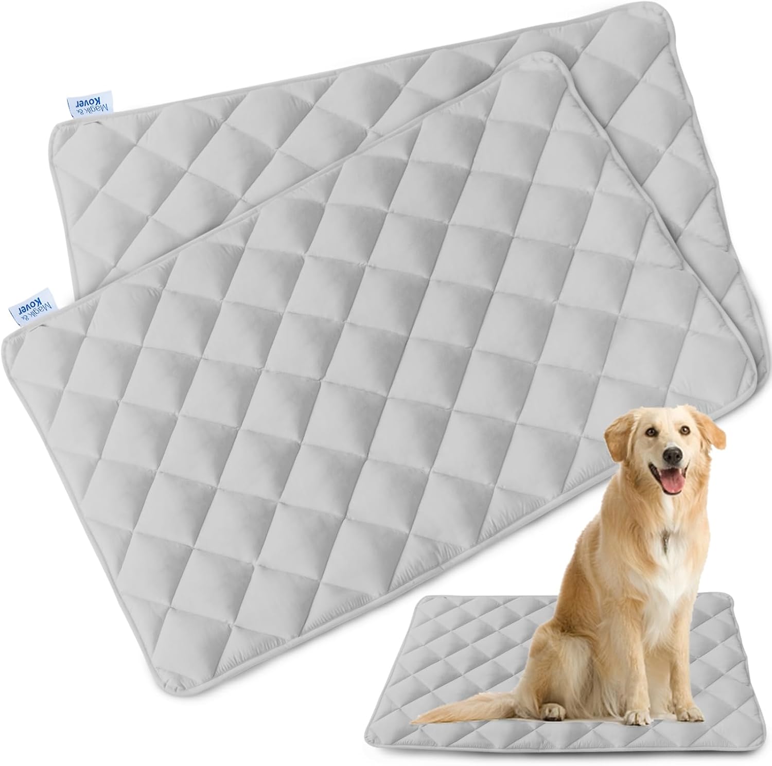Magik And Kover dog crate pad front view showcasing the grey quilted top fabric