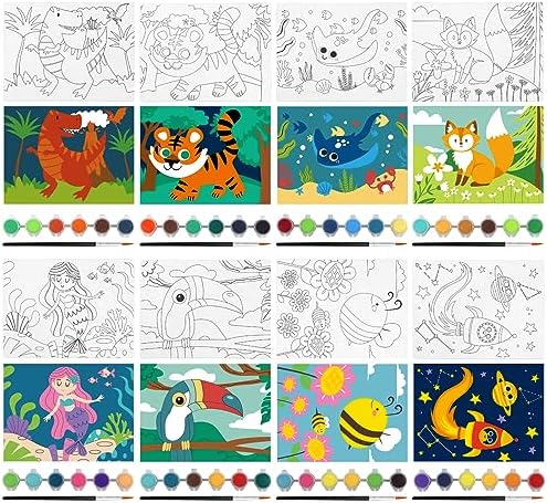 Goldentime preprinted animal and space theme canvases propped up on miniature wooden display easels