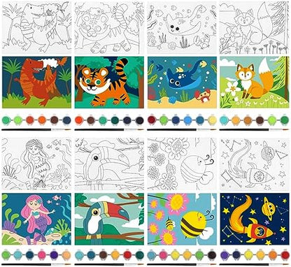 Goldentime preprinted animal and space theme canvases propped up on miniature wooden display easels