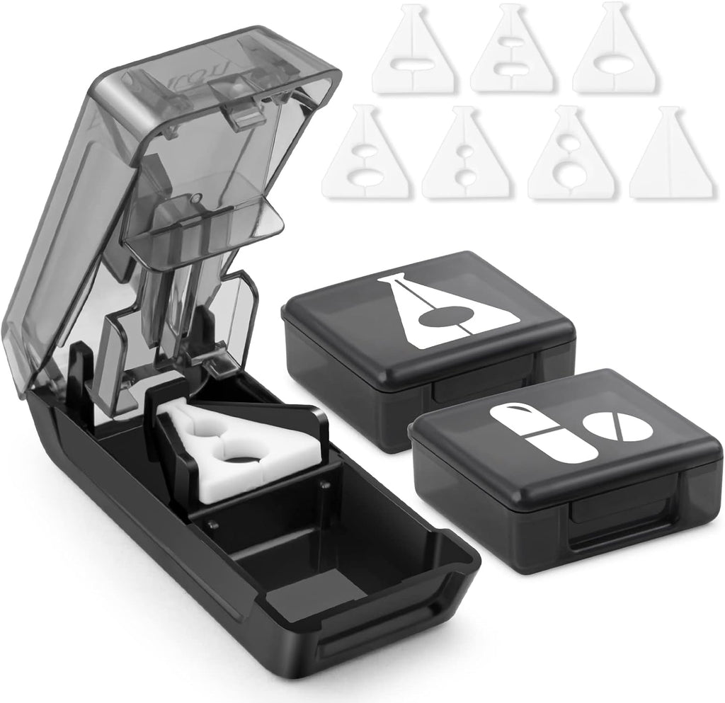 Fullicon pill cutter front view showing black medical splitter device