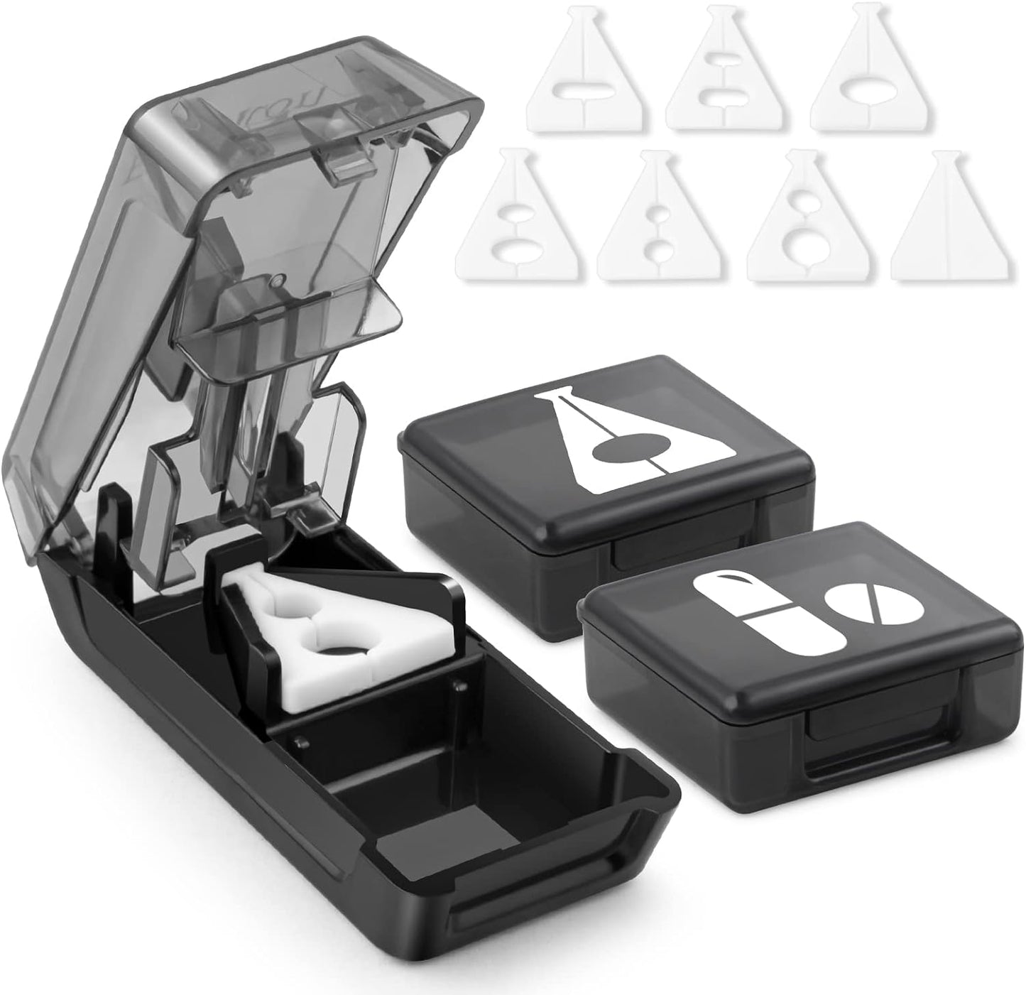 Fullicon pill cutter front view showing black medical splitter device