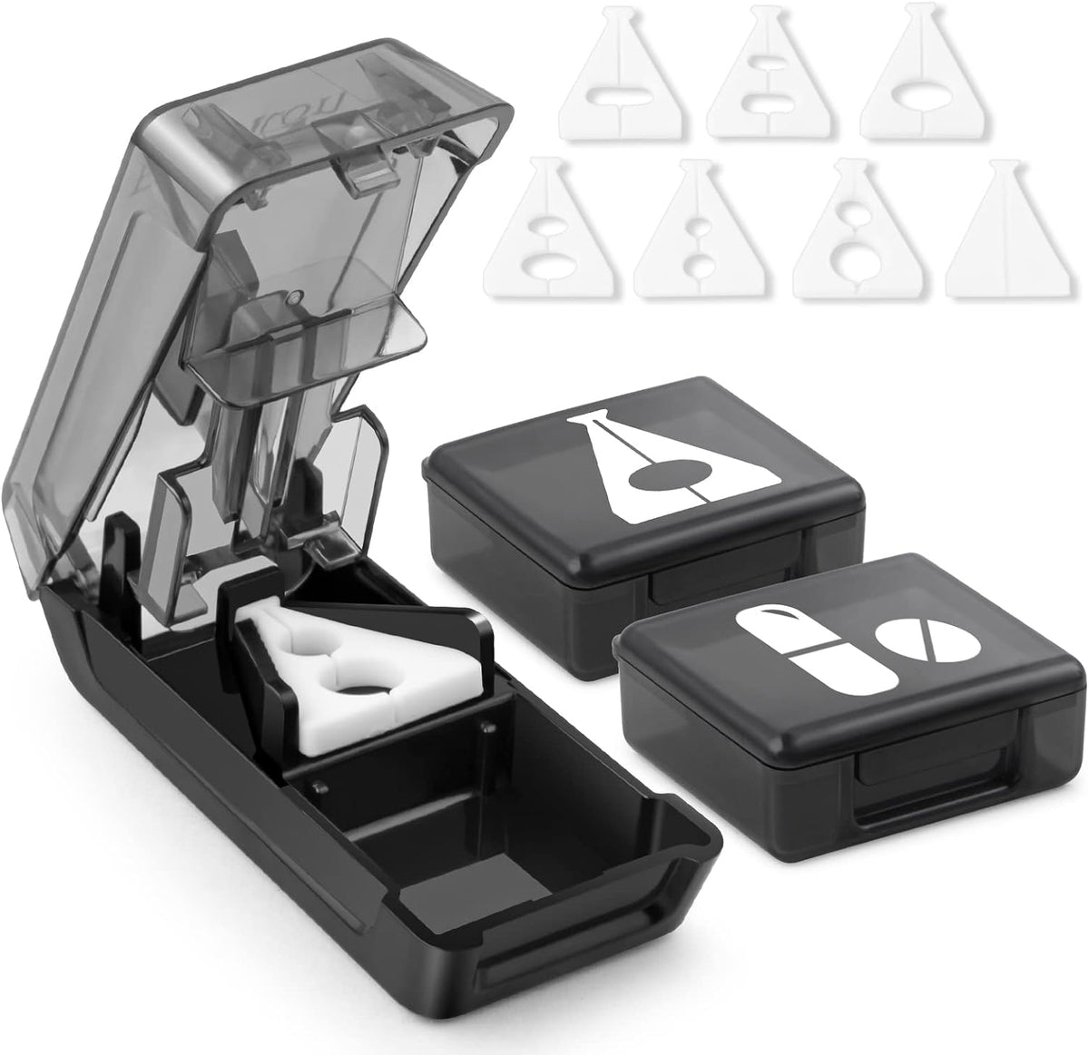Fullicon pill cutter front view showing black medical splitter device