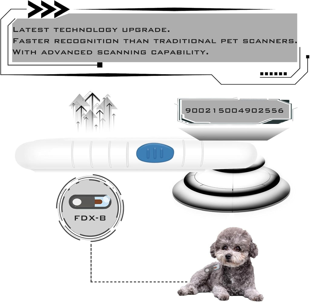 Handheld animal RFID scanner showing back battery compartment and sleek ergonomic grip design