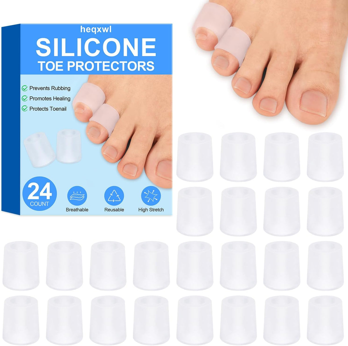 Heqxwl silicone toe protectors 24 pack front view for foot pain relief