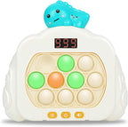 HLXY Quick Push Pop Game Fidget Toy front view showing white console and blue dinosaur design with glowing bubbles