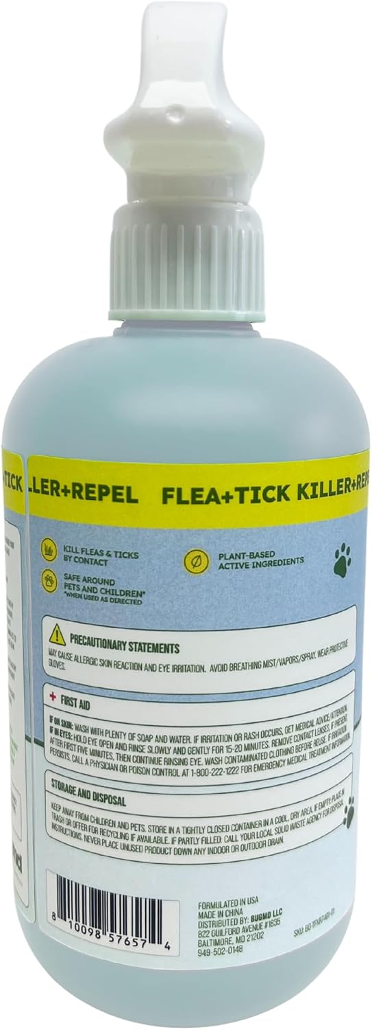 BugMD natural tick repellent spray bottle being used for pet care