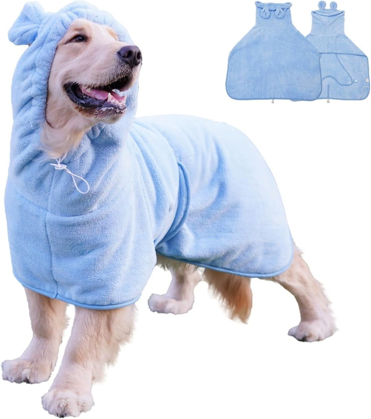 Fnaobai Pet Bathrobe front view of blue microfiber dog robe with hood