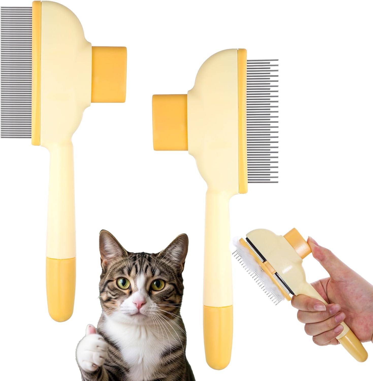 Xosjska 2 Pack Self-Cleaning Pet Comb front view yellow color
