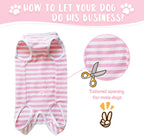 Dog surgical recovery suit in pink and white stripe pattern