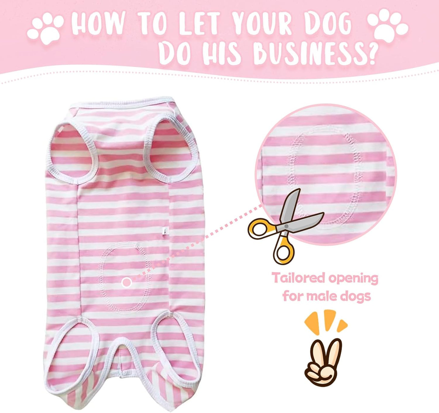 Dog surgical recovery suit in pink and white stripe pattern